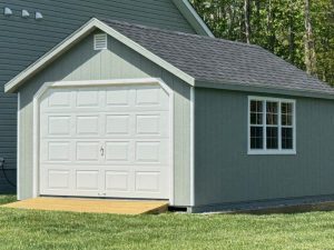 A small shed featuring a door and a window, set against a simple outdoor background.