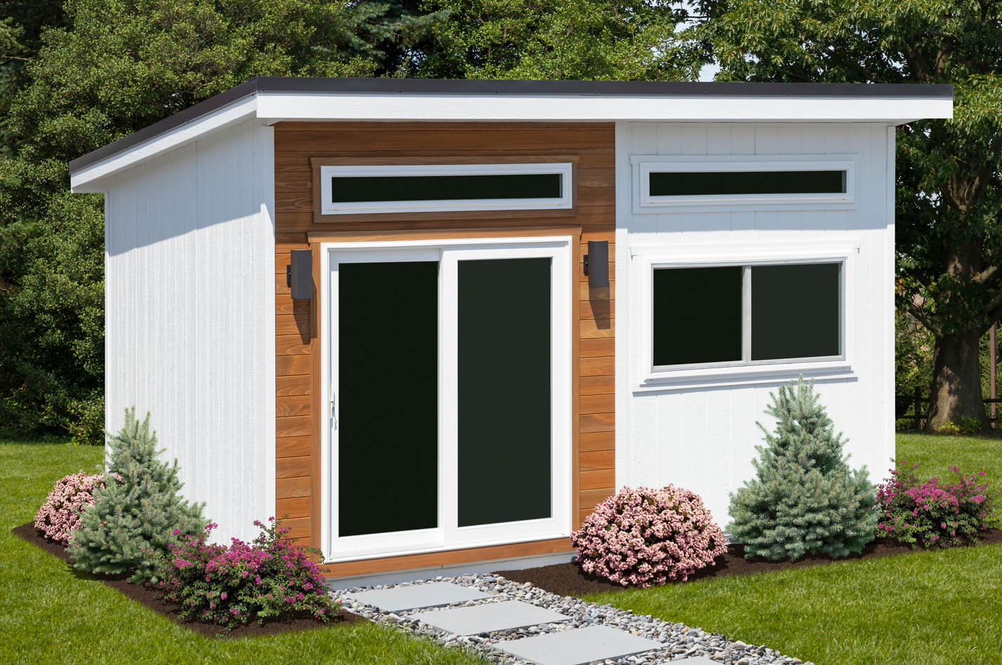 A small white shed featuring a door and two windows against a clear background.